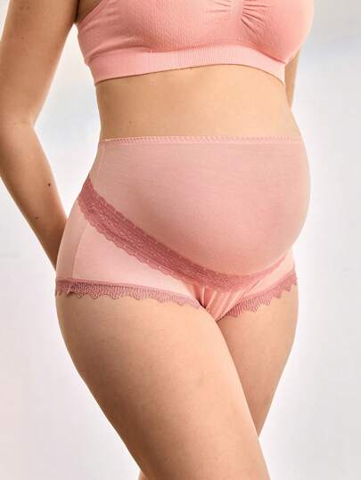 Maternity Solid Color Lace Patchwork Comfortable Breathable Panties, Suitable For Daily Wear