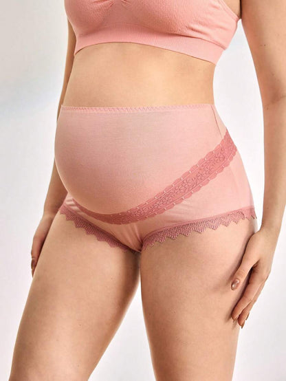 Maternity Solid Color Lace Patchwork Comfortable Breathable Panties, Suitable For Daily Wear