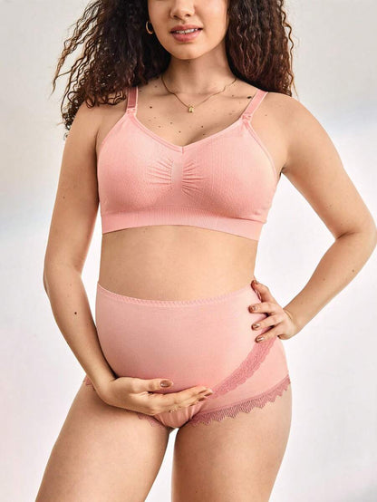 Maternity Solid Color Lace Patchwork Comfortable Breathable Panties, Suitable For Daily Wear
