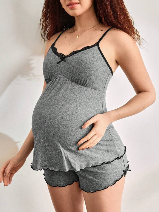 Maternity Loungewear Set - Casual Bow Tie Lace Fashion Soft Stretch Sleepwear, Nursing Pajamas