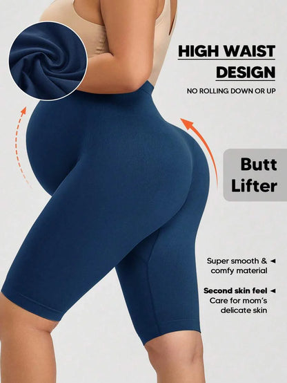 Maternity Solid High Waist Biker Shorts - Comfortable Pregnancy Fit