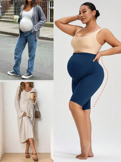 Maternity Solid High Waist Biker Shorts - Comfortable Pregnancy Fit