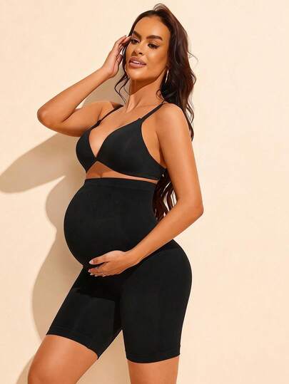 Maternity High Waist Black Shorts with Expandable Abdominal Support, High Stretch Seamless Nursing Underwear for Daily Wear