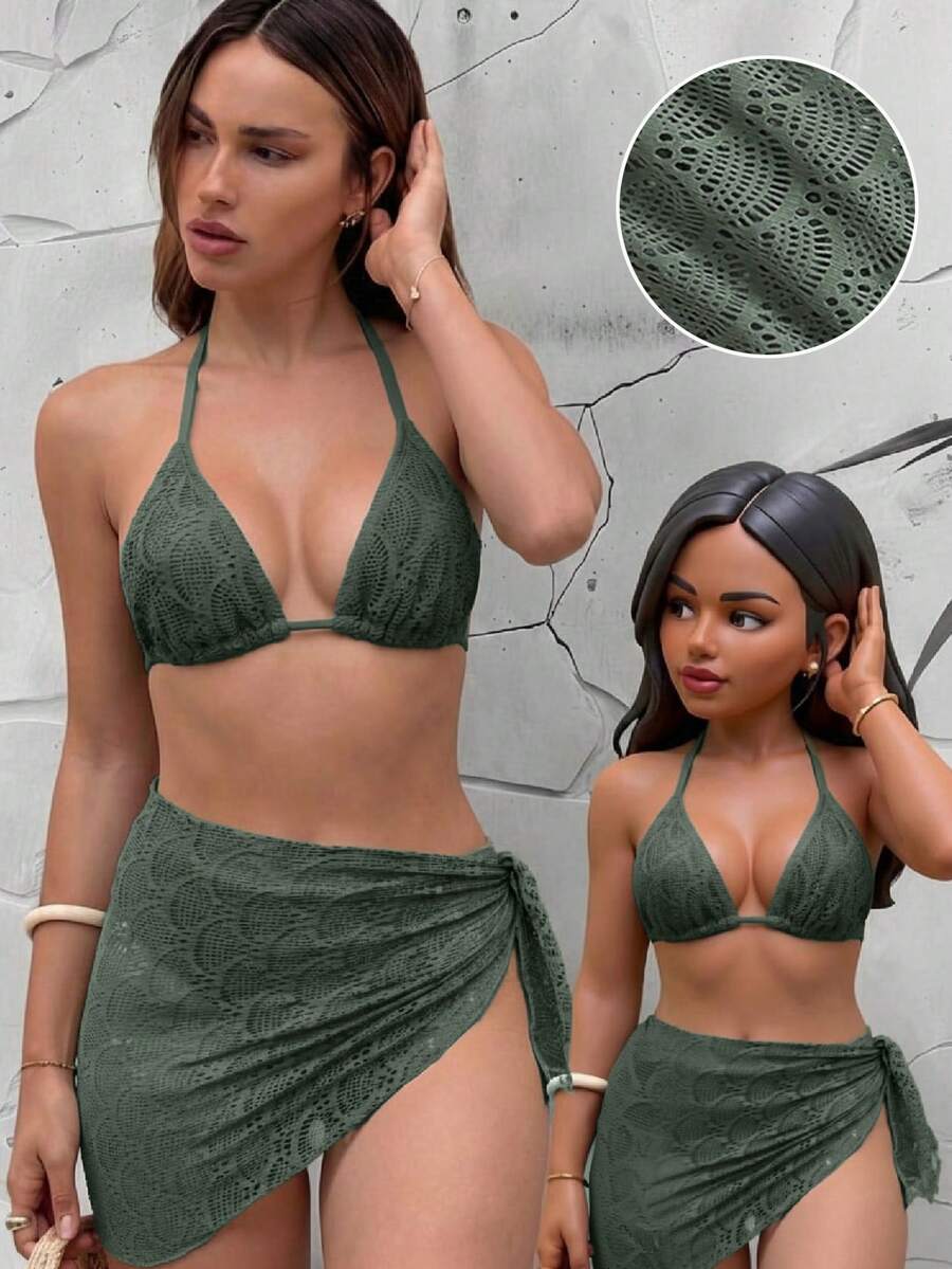 Women's 3-Piece Solid Halter Bikini Set - Knot Detail, Skirt Cover-Up, Triangle Cup, Red