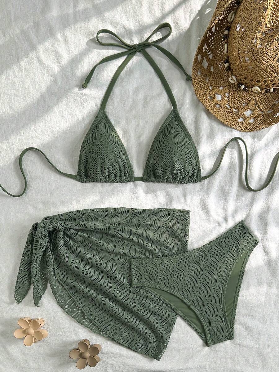 Women's 3-Piece Solid Halter Bikini Set - Knot Detail, Skirt Cover-Up, Triangle Cup, Red