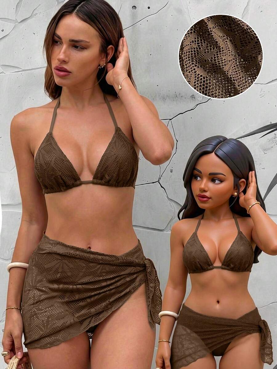 Women's 3-Piece Solid Halter Bikini Set - Knot Detail, Skirt Cover-Up, Triangle Cup, Red