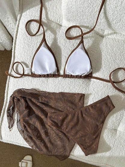 Women's 3-Piece Solid Halter Bikini Set - Knot Detail, Skirt Cover-Up, Triangle Cup, Red