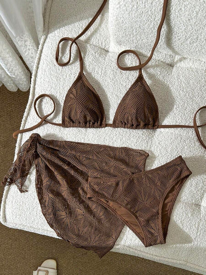 Women's 3-Piece Solid Halter Bikini Set - Knot Detail, Skirt Cover-Up, Triangle Cup, Red