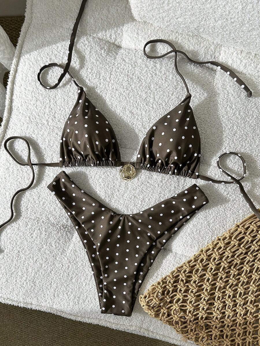 Swim Vcay Women's Solid Color Spaghetti Strap Metal Decor Sexy Bikini Set, Summer