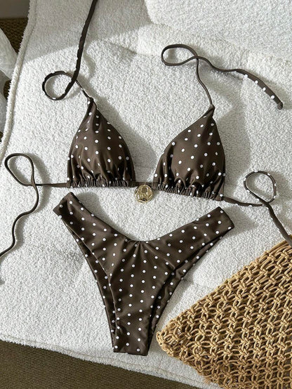 Swim Vcay Women's Solid Color Spaghetti Strap Metal Decor Sexy Bikini Set, Summer