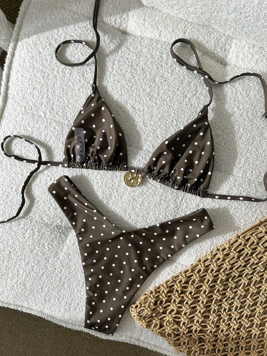 Swim Vcay Women's Solid Color Spaghetti Strap Metal Decor Sexy Bikini Set, Summer