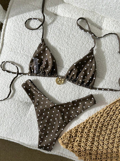 Swim Vcay Women's Solid Color Spaghetti Strap Metal Decor Sexy Bikini Set, Summer