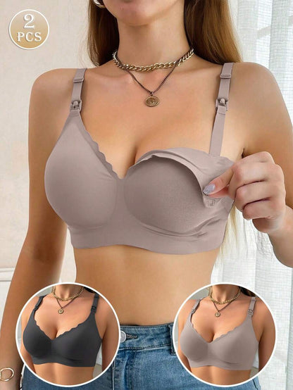 Maternity Nursing Bra 2 Pack - Front Clasp Detachable Minimalist Breastfeeding, Pregnancy Support