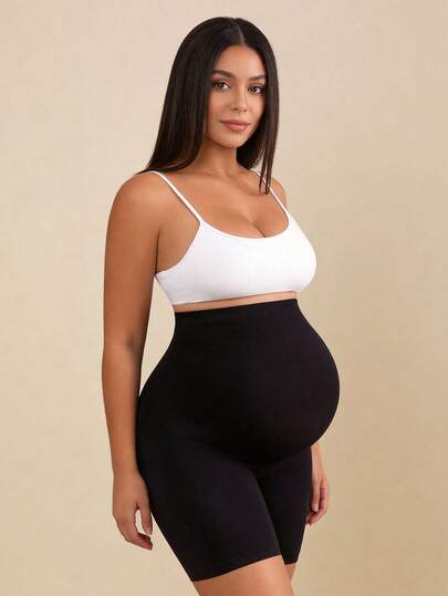 Maternity Belly Support Knee-Length Shorts, High Rise Elastic Black Shaping Briefs, Comfortable Daily Supportive Seamless Underwear