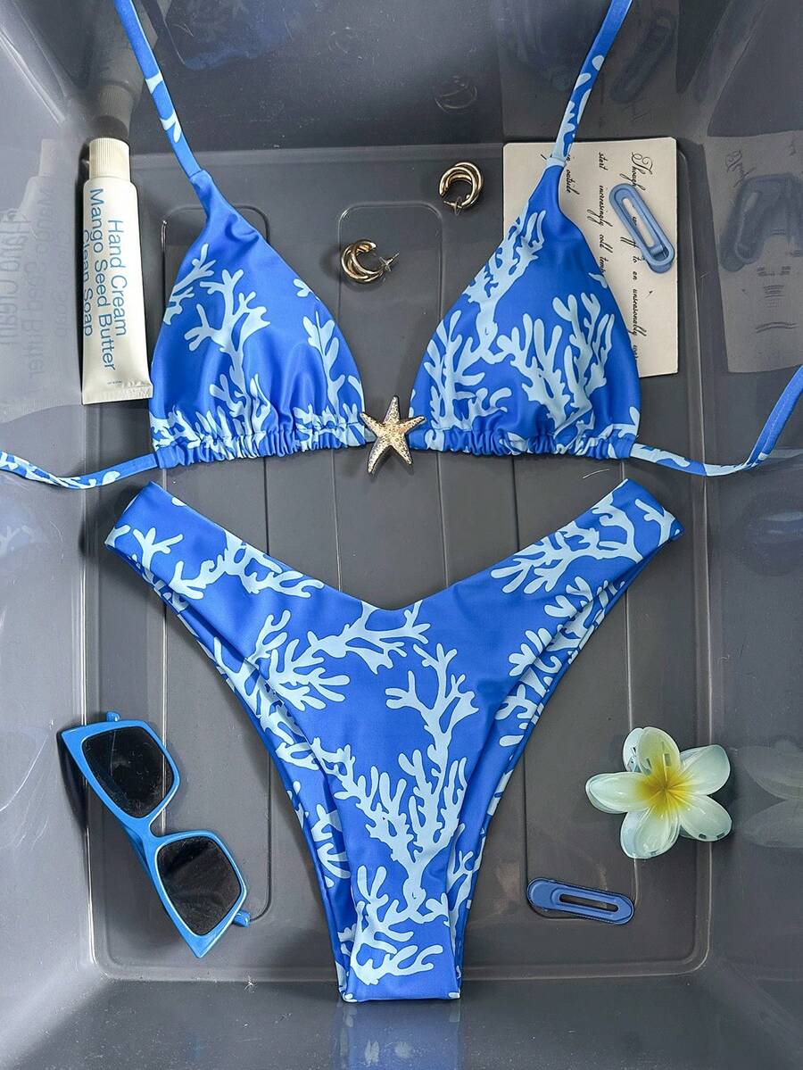 Swim Vcay Women's Solid Color Spaghetti Strap Metal Decor Sexy Bikini Set, Summer