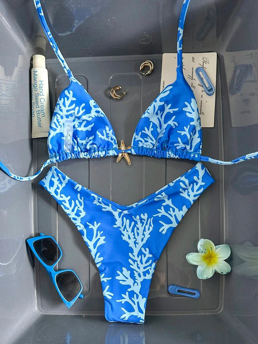 Swim Vcay Women's Solid Color Spaghetti Strap Metal Decor Sexy Bikini Set, Summer