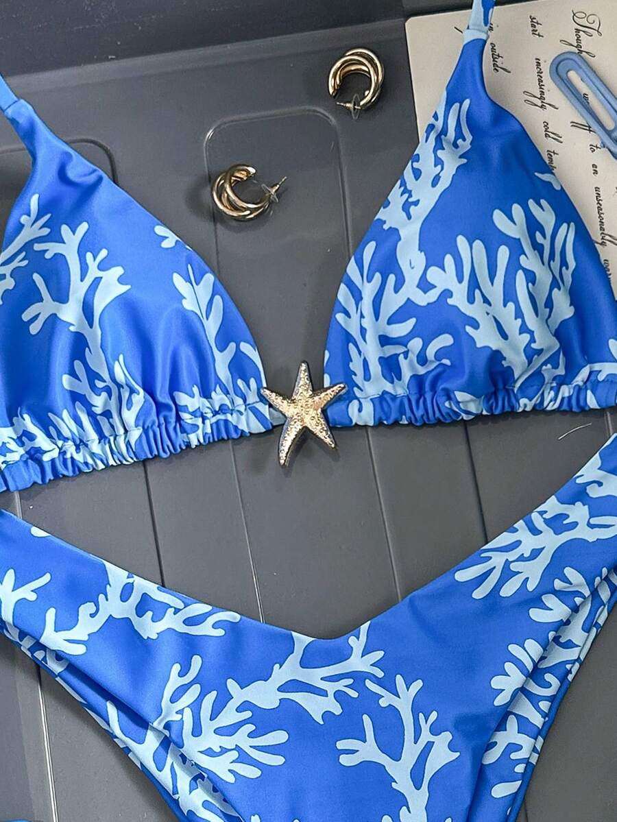 Swim Vcay Women's Solid Color Spaghetti Strap Metal Decor Sexy Bikini Set, Summer