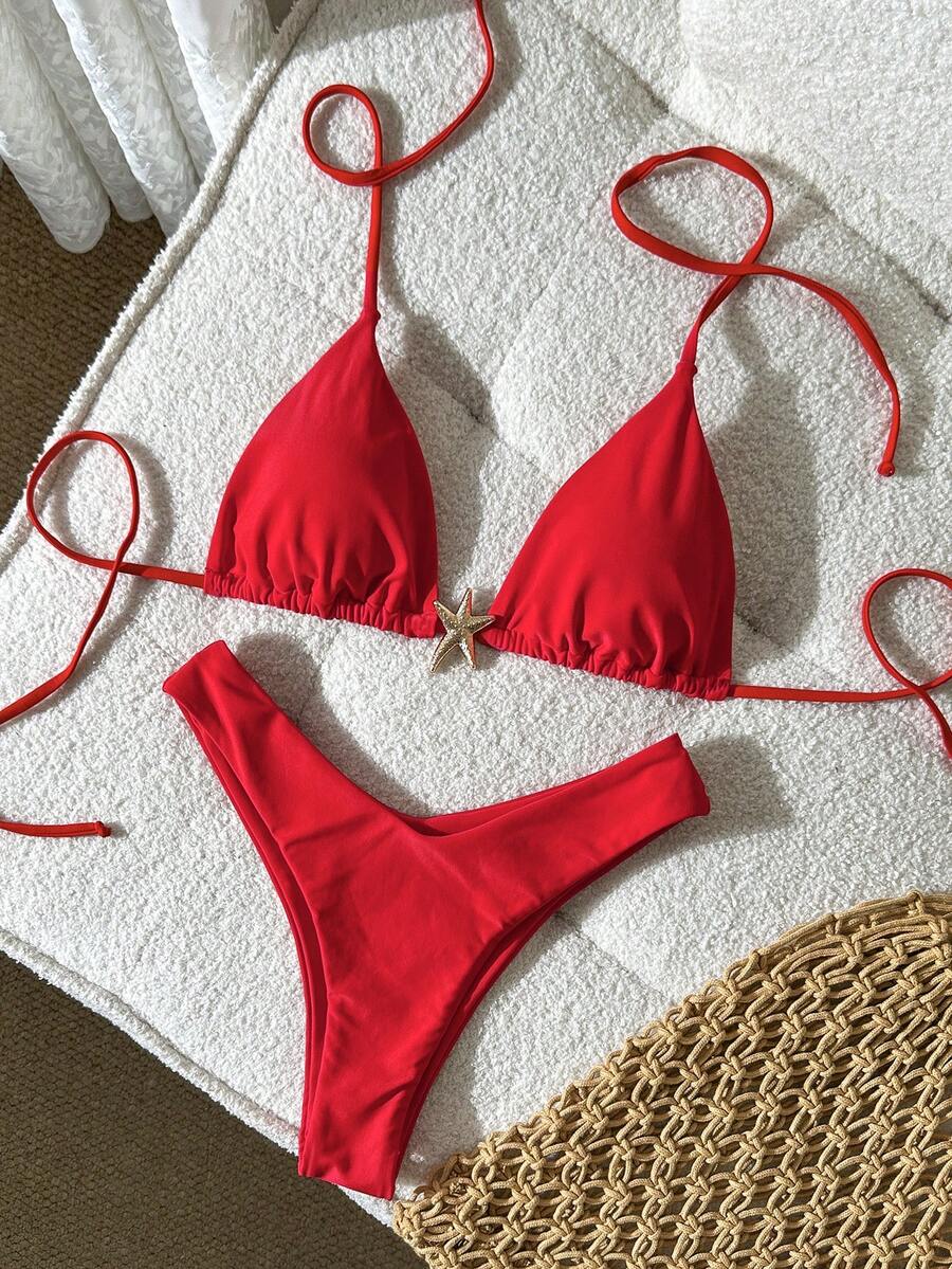 Swim Vcay Women's Solid Color Spaghetti Strap Metal Decor Sexy Bikini Set, Summer
