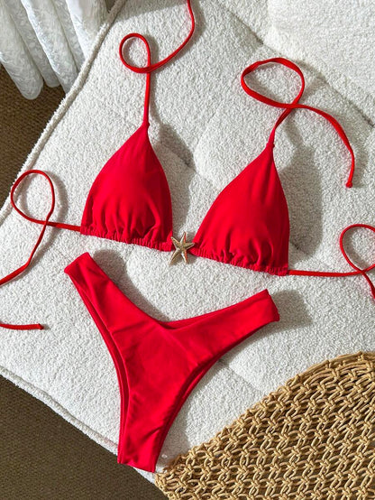Swim Vcay Women's Solid Color Spaghetti Strap Metal Decor Sexy Bikini Set, Summer