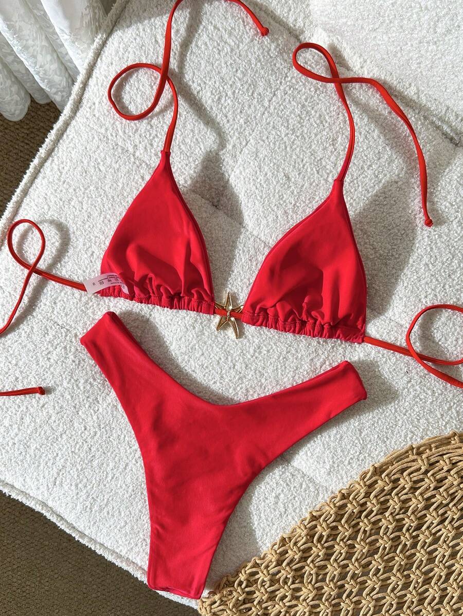 Swim Vcay Women's Solid Color Spaghetti Strap Metal Decor Sexy Bikini Set, Summer
