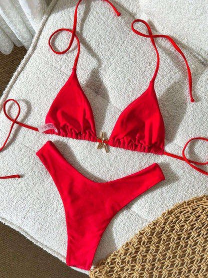 Swim Vcay Women's Solid Color Spaghetti Strap Metal Decor Sexy Bikini Set, Summer