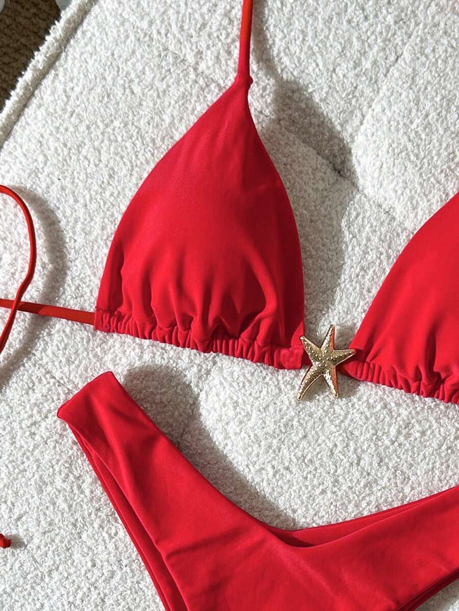 Swim Vcay Women's Solid Color Spaghetti Strap Metal Decor Sexy Bikini Set, Summer