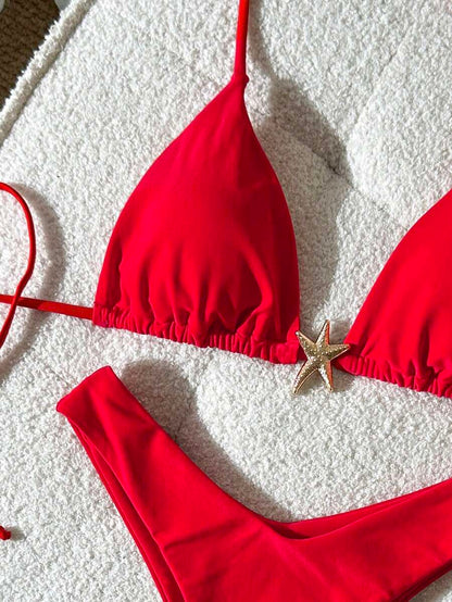 Swim Vcay Women's Solid Color Spaghetti Strap Metal Decor Sexy Bikini Set, Summer