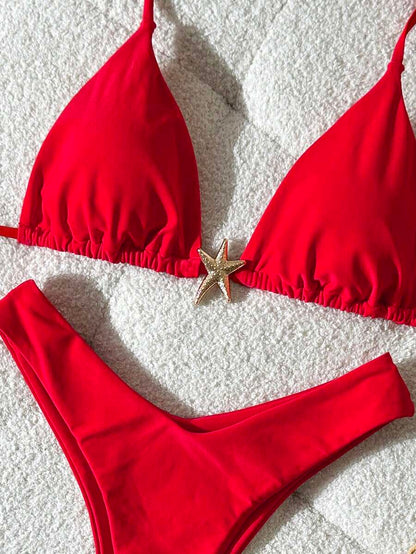 Swim Vcay Women's Solid Color Spaghetti Strap Metal Decor Sexy Bikini Set, Summer