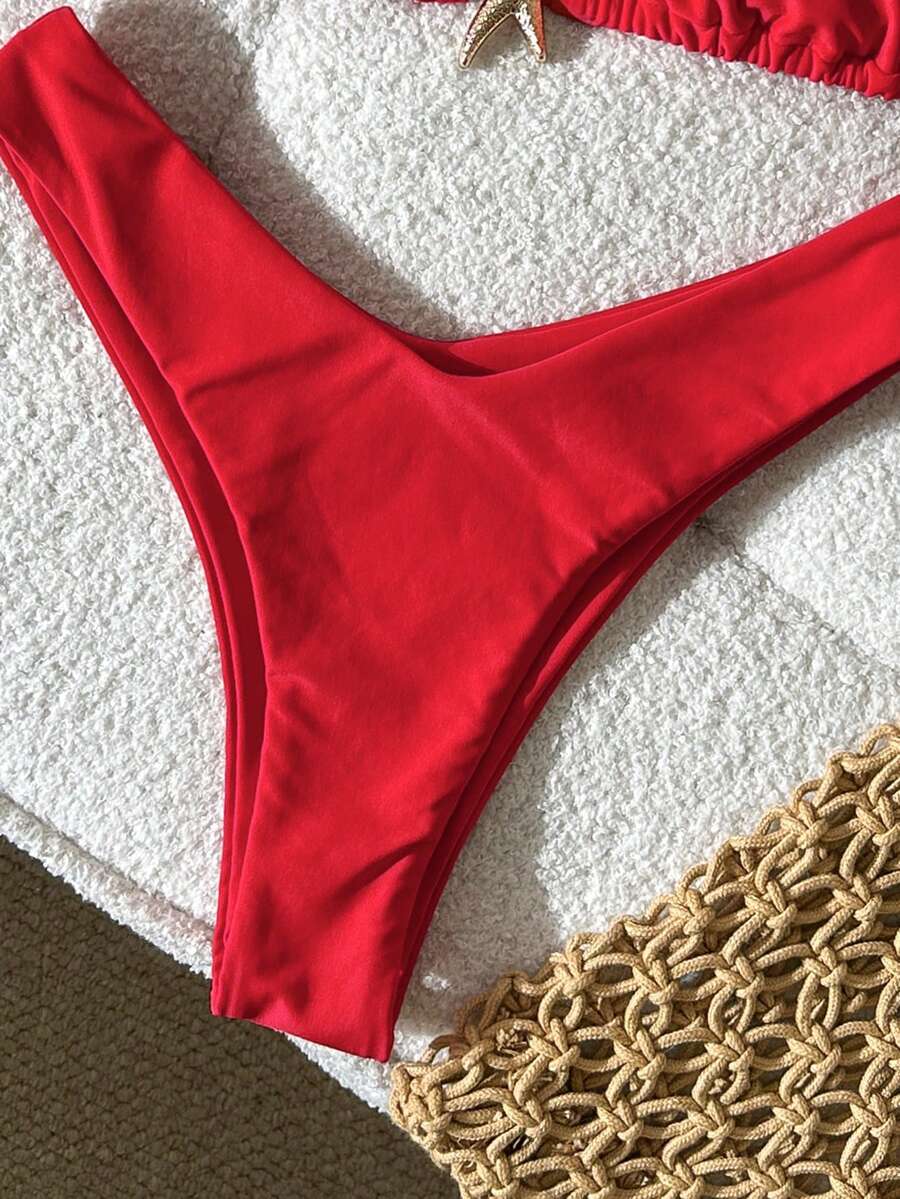 Swim Vcay Women's Solid Color Spaghetti Strap Metal Decor Sexy Bikini Set, Summer