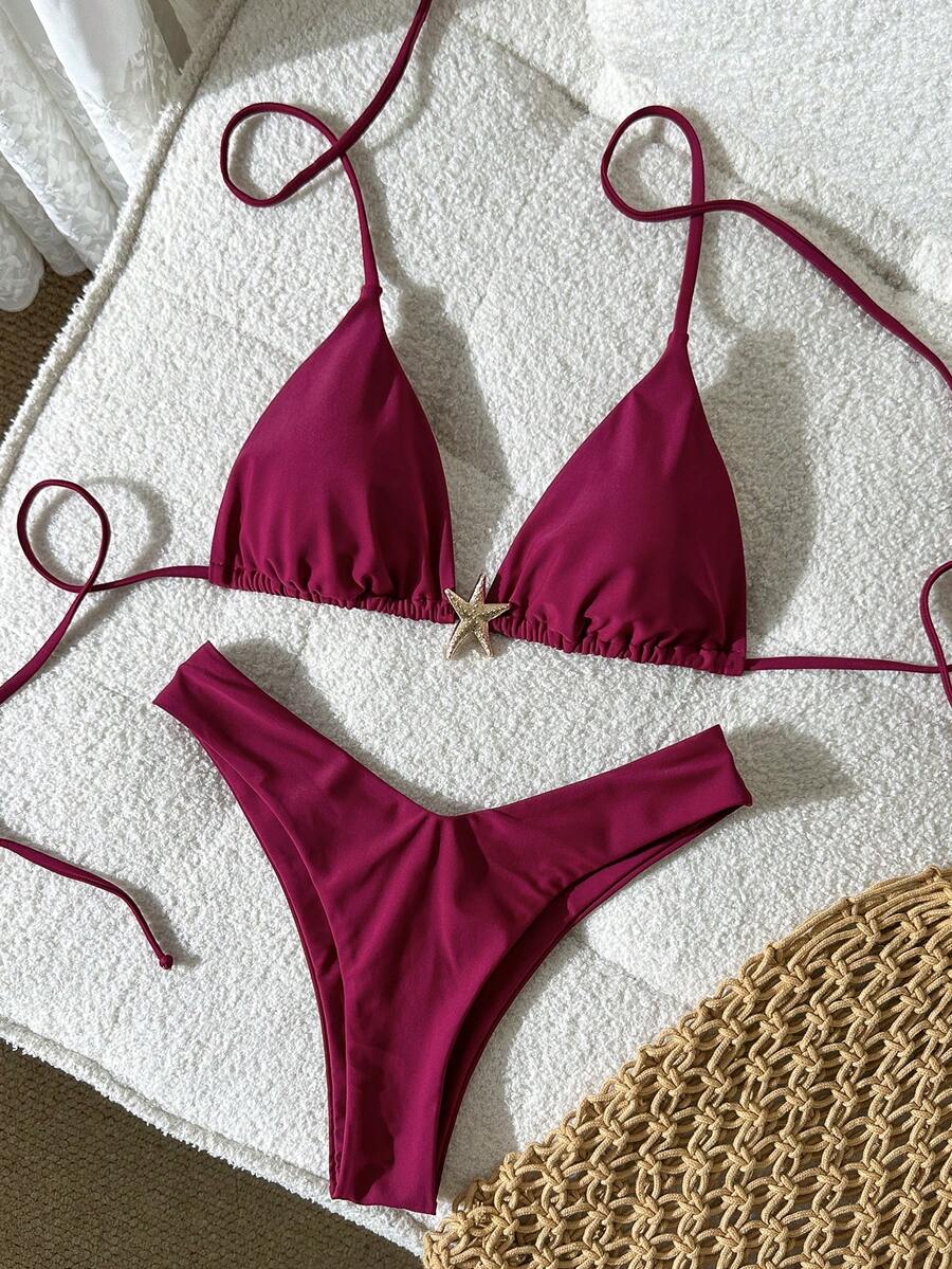Swim Vcay Women's Solid Color Spaghetti Strap Metal Decor Sexy Bikini Set, Summer