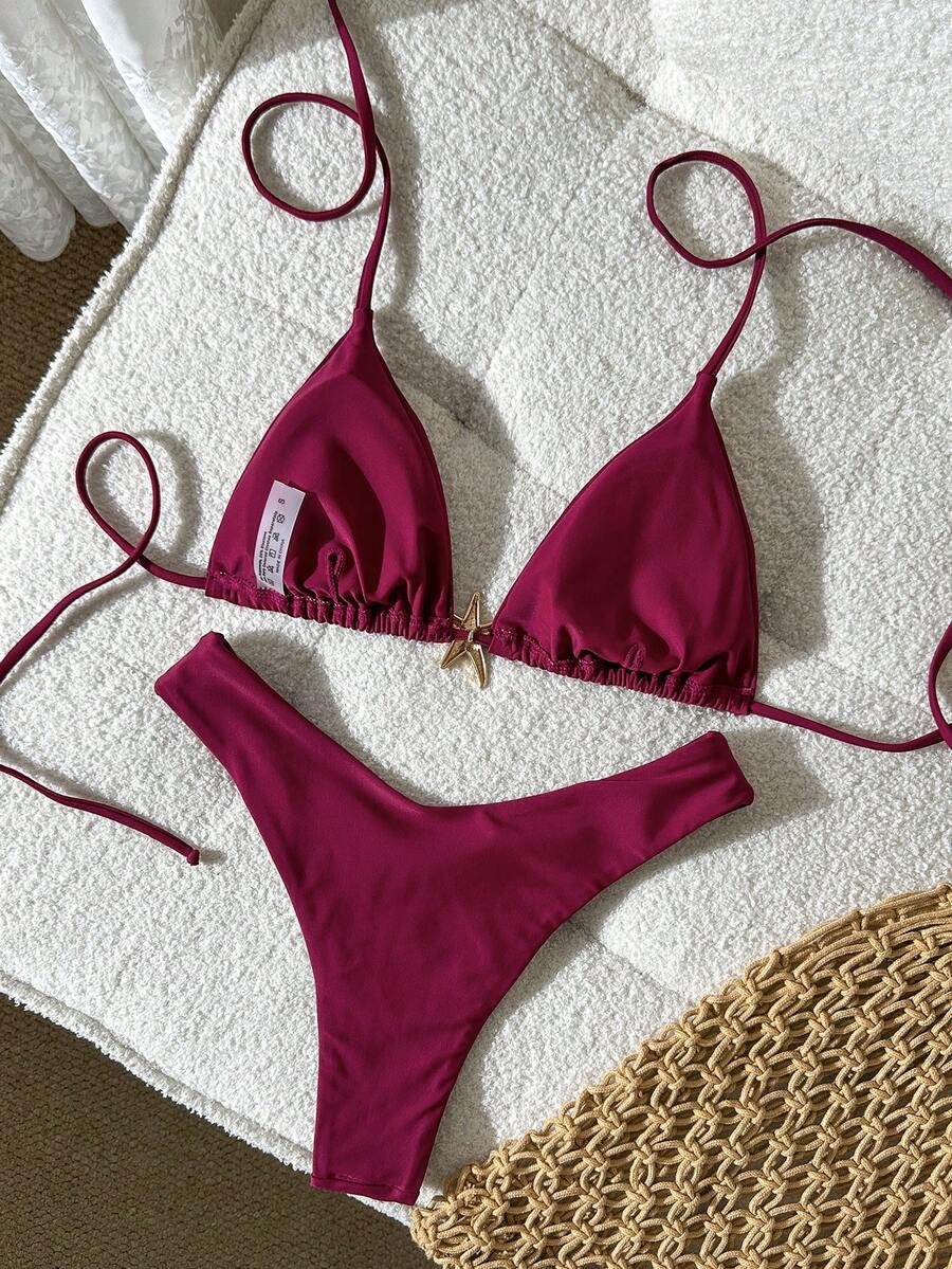 Swim Vcay Women's Solid Color Spaghetti Strap Metal Decor Sexy Bikini Set, Summer