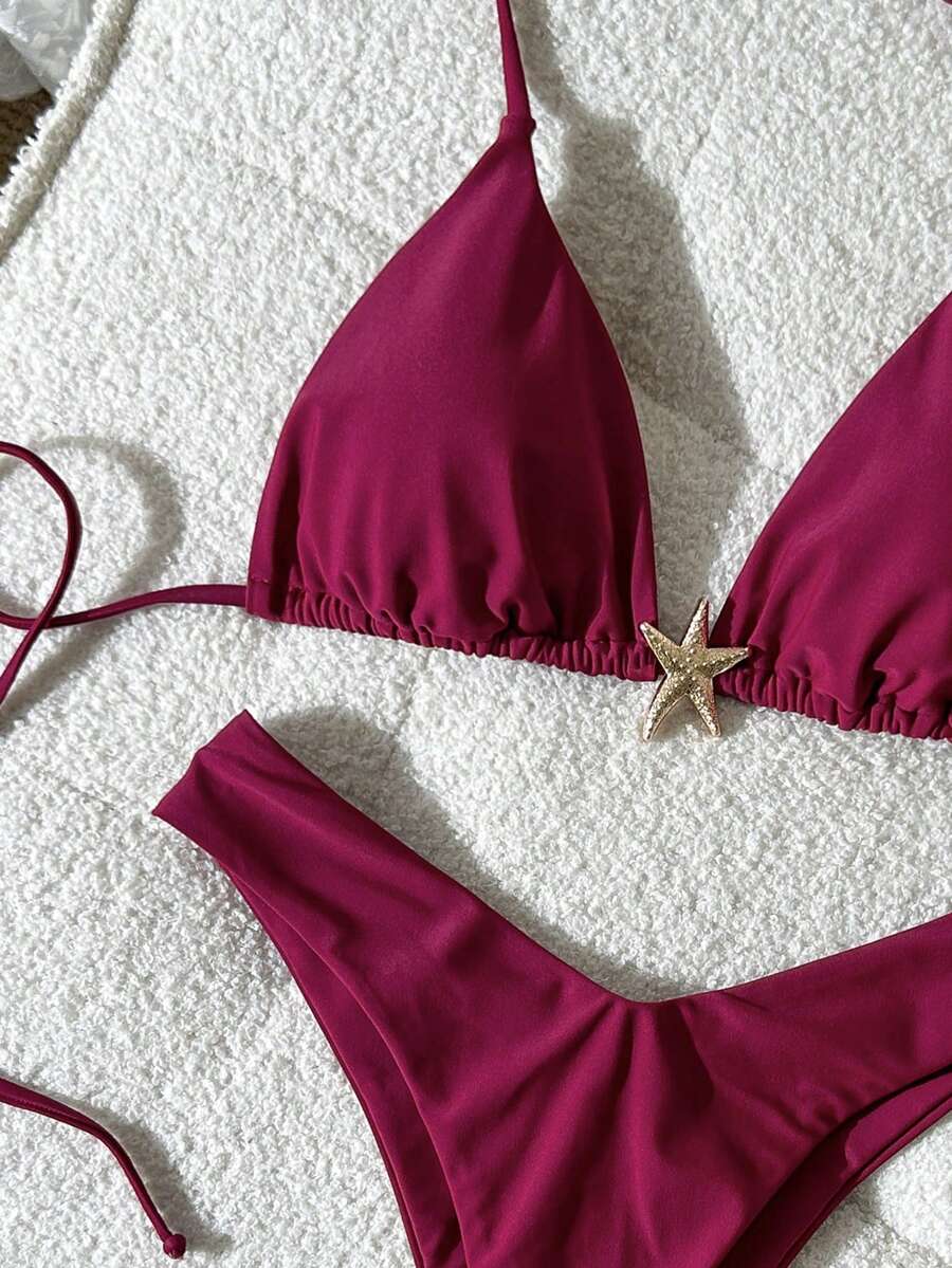 Swim Vcay Women's Solid Color Spaghetti Strap Metal Decor Sexy Bikini Set, Summer