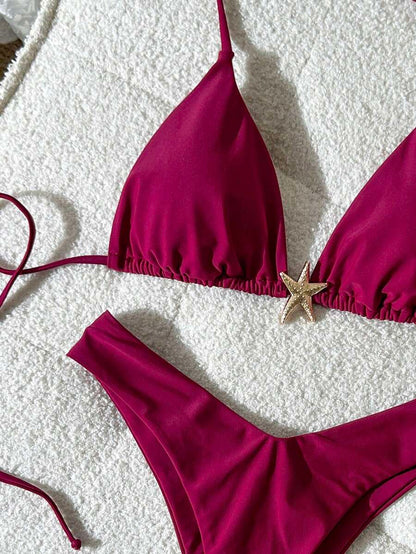 Swim Vcay Women's Solid Color Spaghetti Strap Metal Decor Sexy Bikini Set, Summer