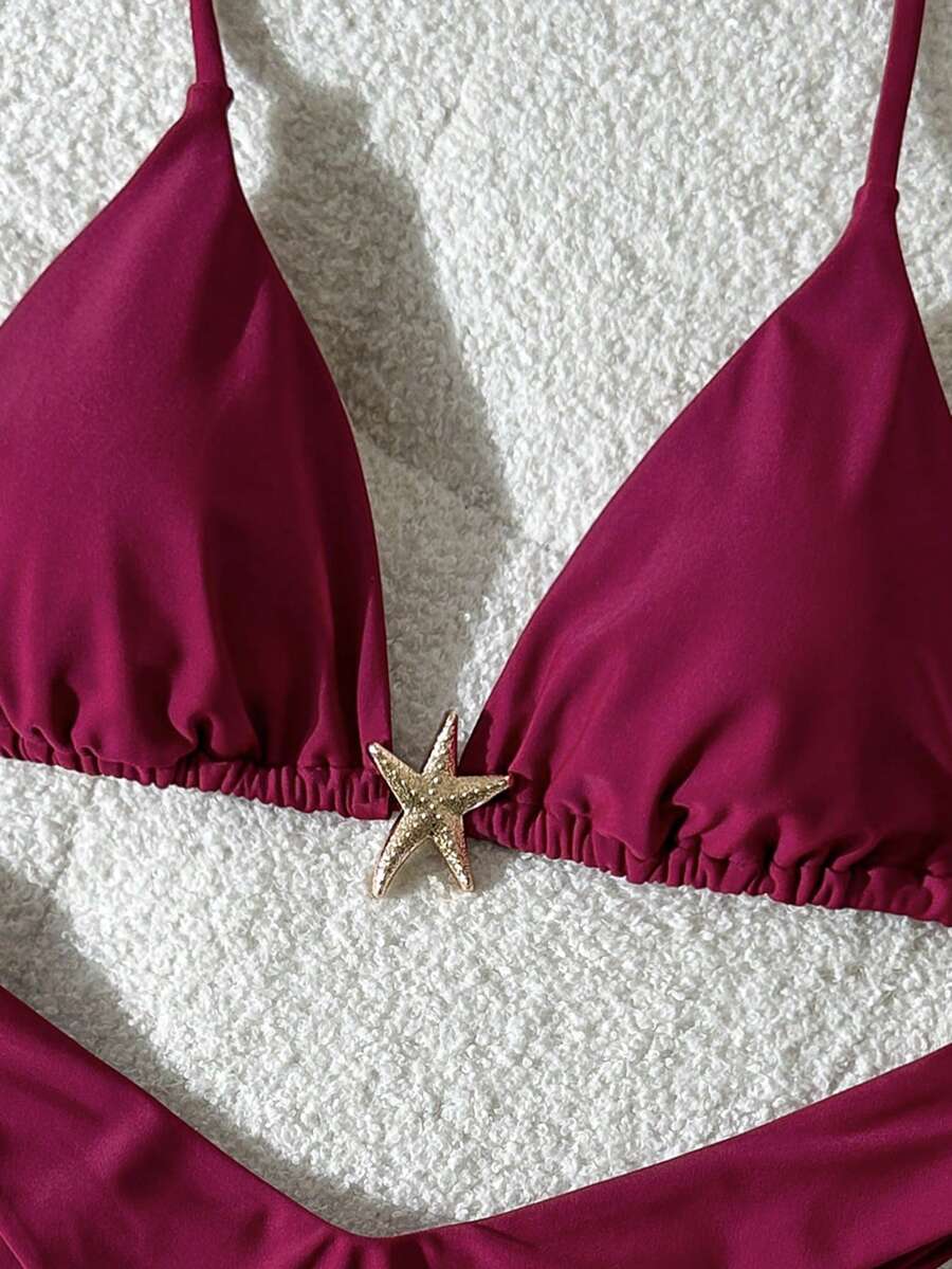 Swim Vcay Women's Solid Color Spaghetti Strap Metal Decor Sexy Bikini Set, Summer