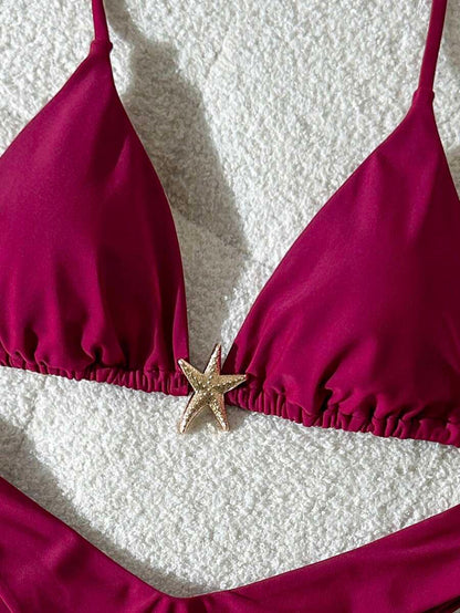 Swim Vcay Women's Solid Color Spaghetti Strap Metal Decor Sexy Bikini Set, Summer