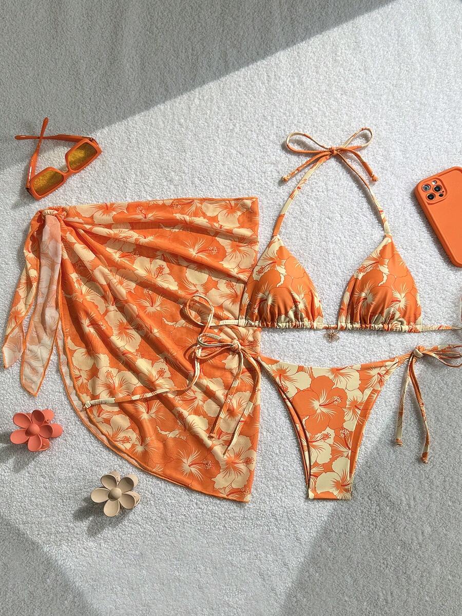 Women's 3-Piece Halter Bikini Set - Beach Dress, Tie-Up, Skirt Bottom, Blue