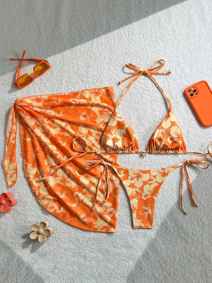 Women's 3-Piece Halter Bikini Set - Beach Dress, Tie-Up, Skirt Bottom, Blue
