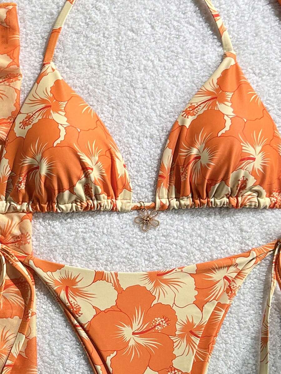 Women's 3-Piece Halter Bikini Set - Beach Dress, Tie-Up, Skirt Bottom, Blue