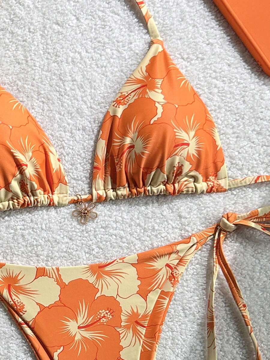 Women's 3-Piece Halter Bikini Set - Beach Dress, Tie-Up, Skirt Bottom, Blue