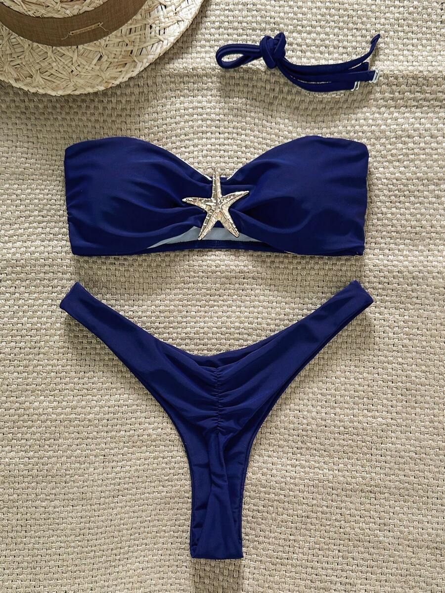 Swim Vcay Women's Solid Color Spaghetti Strap Starfish Metal Decor Sexy Bikini Set, Summer