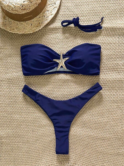 Swim Vcay Women's Solid Color Spaghetti Strap Starfish Metal Decor Sexy Bikini Set, Summer