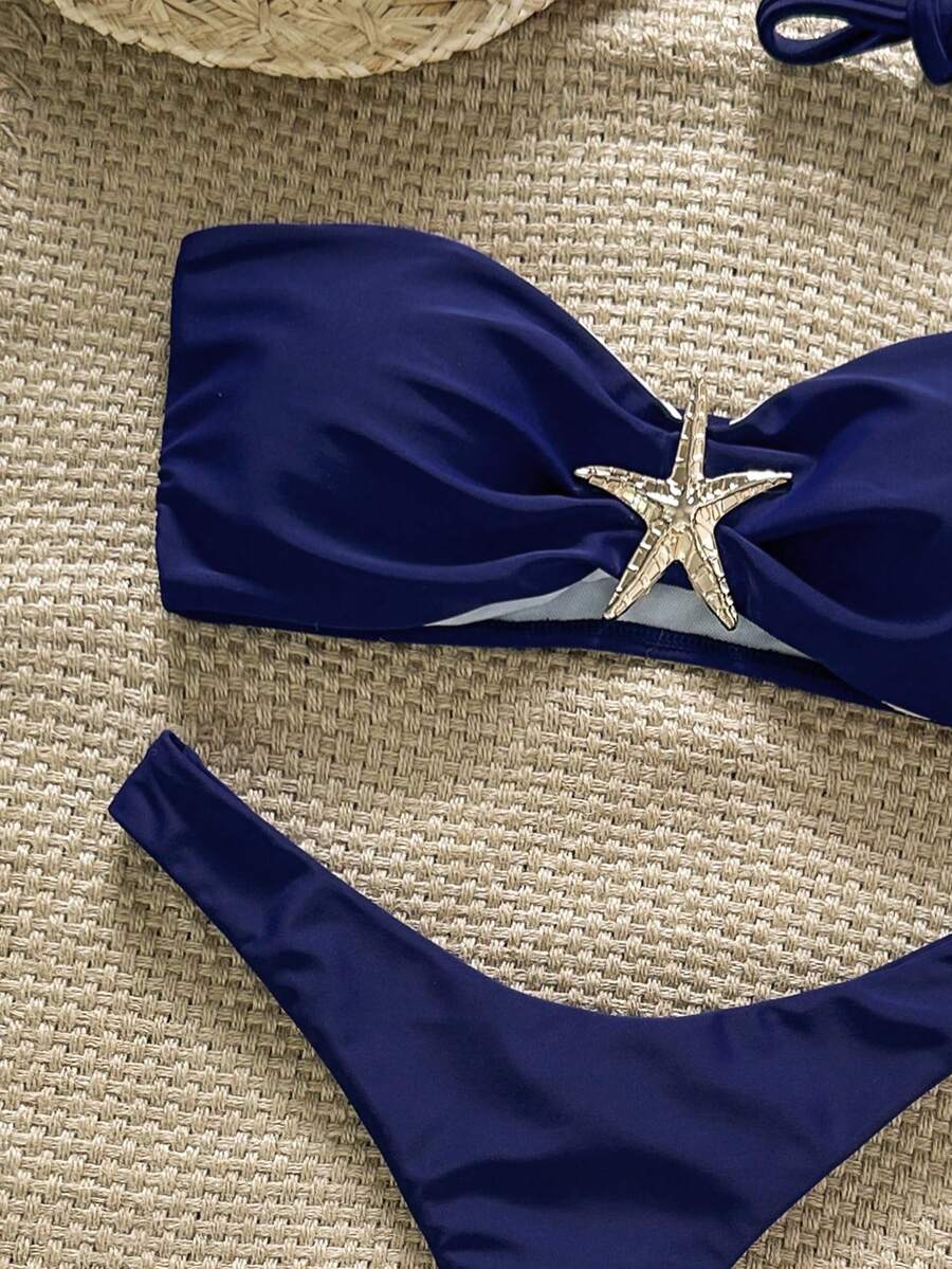 Swim Vcay Women's Solid Color Spaghetti Strap Starfish Metal Decor Sexy Bikini Set, Summer