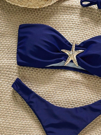 Swim Vcay Women's Solid Color Spaghetti Strap Starfish Metal Decor Sexy Bikini Set, Summer
