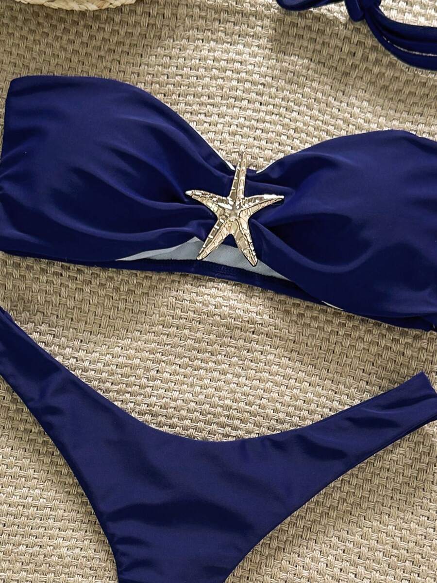 Swim Vcay Women's Solid Color Spaghetti Strap Starfish Metal Decor Sexy Bikini Set, Summer