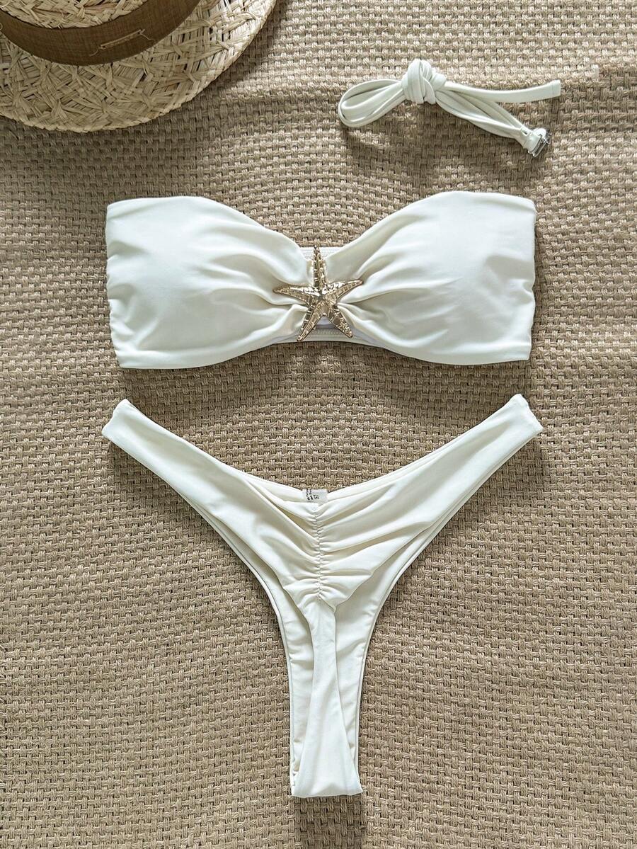 Swim Vcay Women's Solid Color Spaghetti Strap Starfish Metal Decor Sexy Bikini Set, Summer