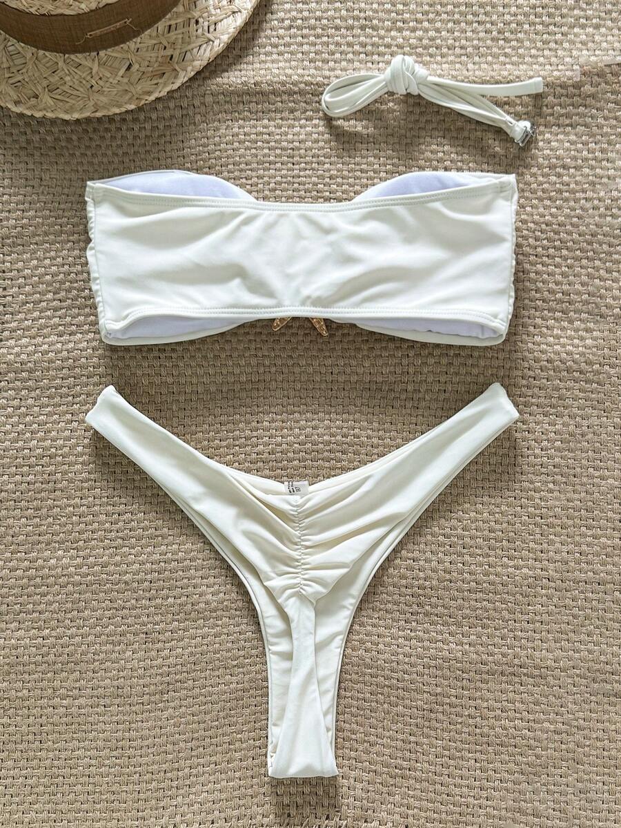 Swim Vcay Women's Solid Color Spaghetti Strap Starfish Metal Decor Sexy Bikini Set, Summer