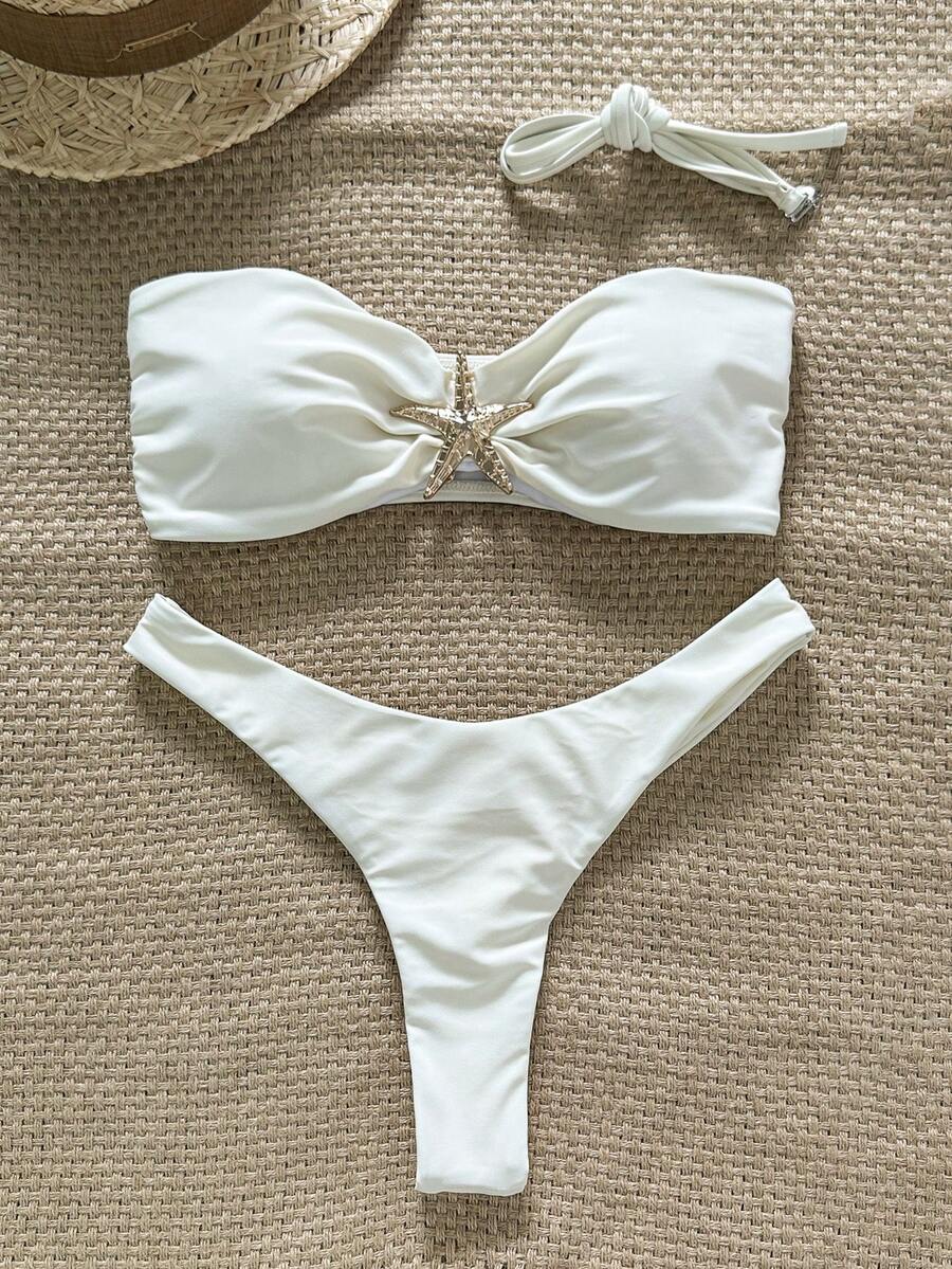 Swim Vcay Women's Solid Color Spaghetti Strap Starfish Metal Decor Sexy Bikini Set, Summer