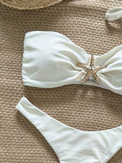 Swim Vcay Women's Solid Color Spaghetti Strap Starfish Metal Decor Sexy Bikini Set, Summer