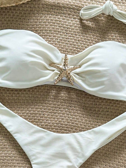 Swim Vcay Women's Solid Color Spaghetti Strap Starfish Metal Decor Sexy Bikini Set, Summer