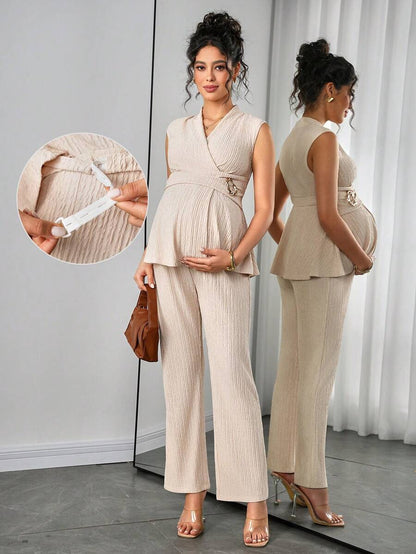 Maternity 2-Piece Set - V Neck Top & Straight Leg Pants, Knit Jacquard, Slim Fit, Black